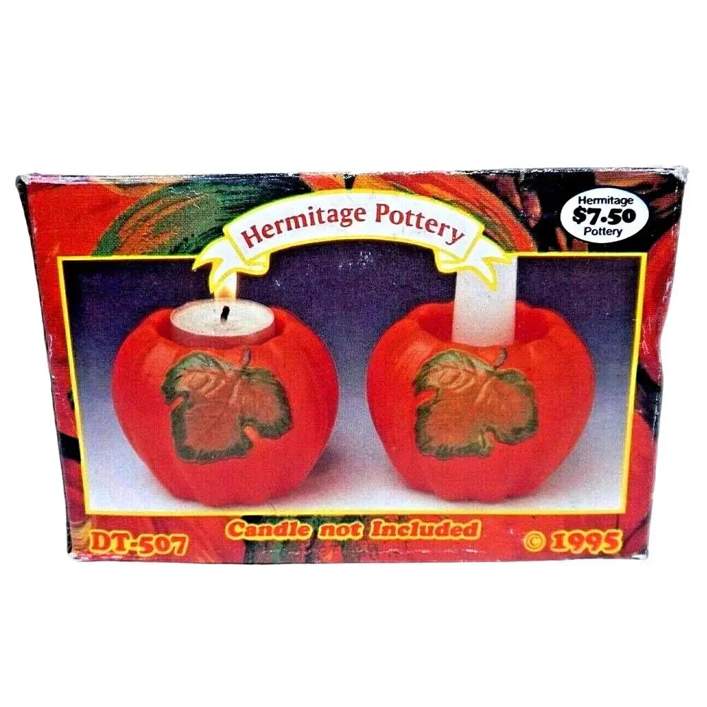 Vintage Hermitage Pottery Ceramic Fall Halloween Pumpkin Candle Holders New Box